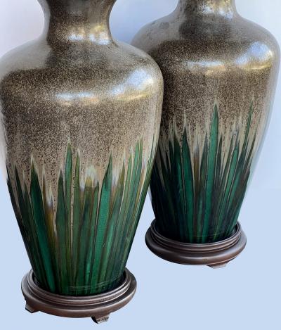 Large Pair Vintage Textured Iridescent Glazed Lamps with Emerald Green Striation