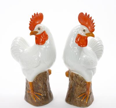Large Pair of 1930s Chinese Porcelain Rooster Figures Polychrome Decoration