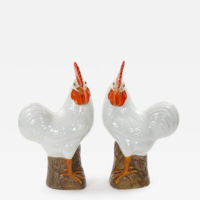 Large Pair of 1930s Chinese Porcelain Rooster Figures Polychrome Decoration
