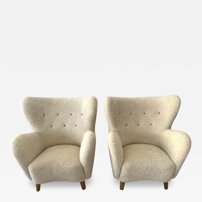 Large Pair of 1940s Scandinavian Sheepskin Shearling Lounge Chairs