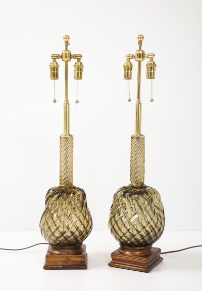 Large Pair of 1950s Murano Smoked Amber Glass Pineapple Lamps