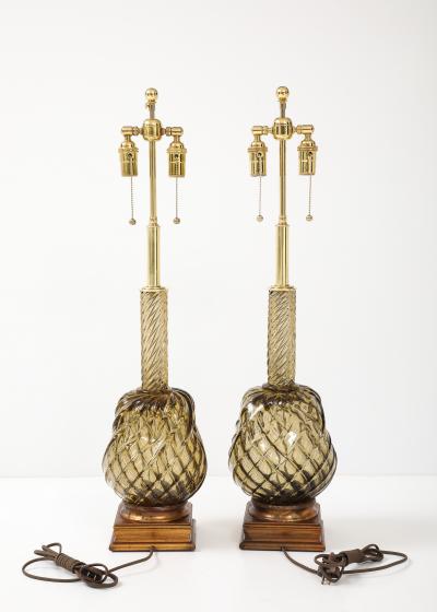 Large Pair of 1950s Murano Smoked Amber Glass Pineapple Lamps