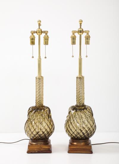 Large Pair of 1950s Murano Smoked Amber Glass Pineapple Lamps