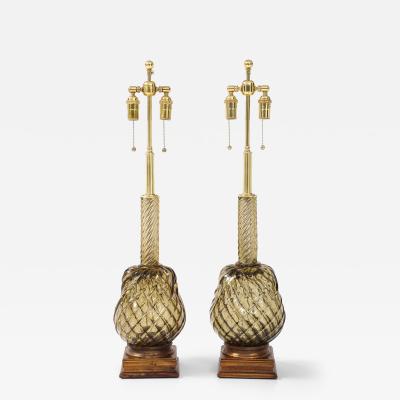 Large Pair of 1950s Murano Smoked Amber Glass Pineapple Lamps