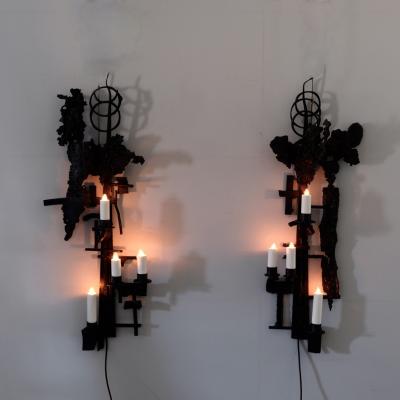 Large Pair of 1960s Brutalist Iron Wall Lights France