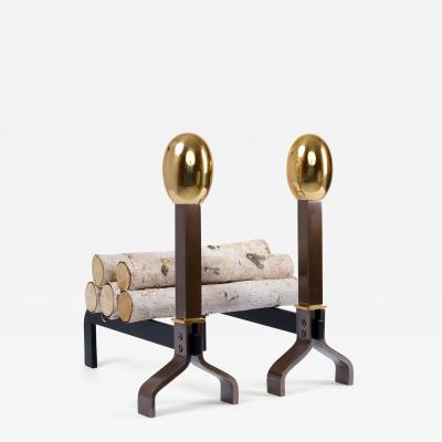 Large Pair of Andirons in Polished and Oxidized Brass Italy 1950s