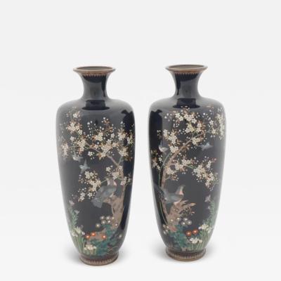 Large Pair of Antique Meiji Japanese Cloisonne Enamel Vases Hawks