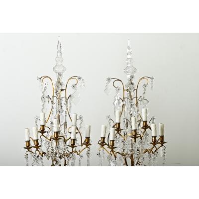 Large Pair of French Brass Crystal Girandoles