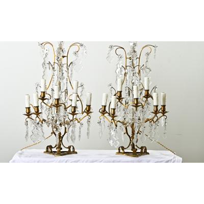 Large Pair of French Brass Crystal Girandoles