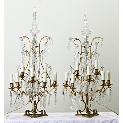 Large Pair of French Brass Crystal Girandoles