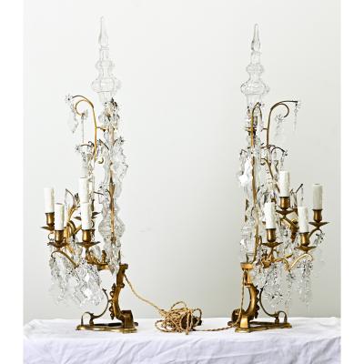 Large Pair of French Brass Crystal Girandoles