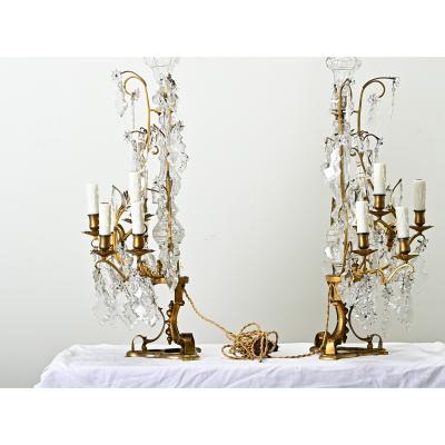 Large Pair of French Brass Crystal Girandoles