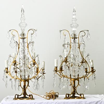 Large Pair of French Brass Crystal Girandoles