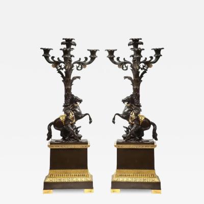 Large Pair of French Restauration Ormolu and Patinated Bronze Candelabra Horses