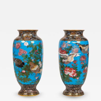 Large Pair of Meiji Period Japanese Cloisonne Enamel Vases Attributed to Goto