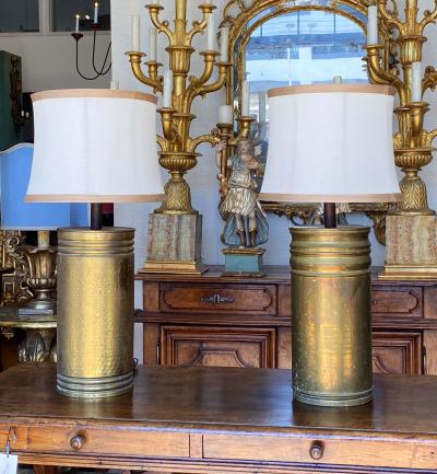 Large Pair of Mid Century Hammered Brass Lamps