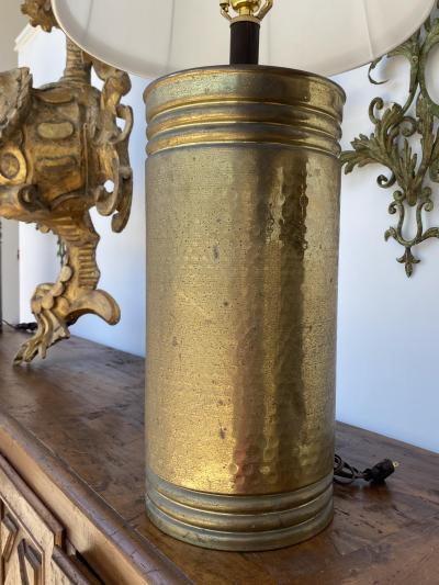 Large Pair of Mid Century Hammered Brass Lamps