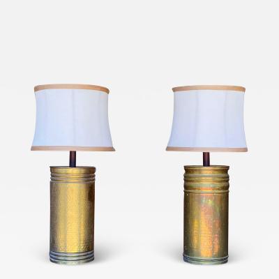 Large Pair of Mid Century Hammered Brass Lamps