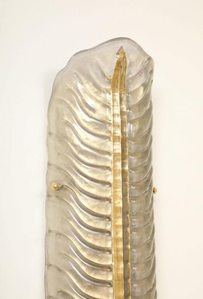 Large Pair of Murano Glass Leaf Wall Sconces Infused 24k Gold Italy 38 Tall
