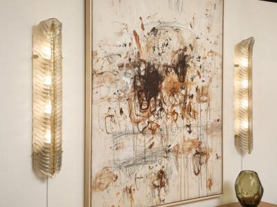 Large Pair of Murano Glass Leaf Wall Sconces Infused 24k Gold Italy 38 Tall