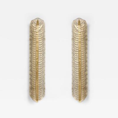 Large Pair of Murano Glass Leaf Wall Sconces Infused 24k Gold Italy 38 Tall