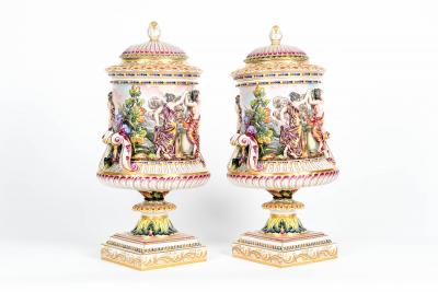 Large Pair of Porcelain Covered Urns Decorative Pieces