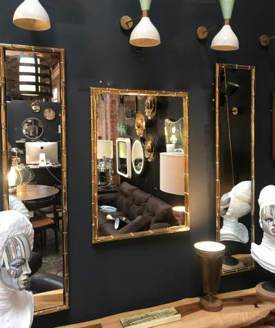 Large Pair of Rectangular Faux Bamboo Brass Mirrors Italy 1960s