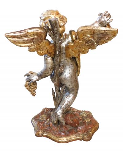 Large Pair of Roman Rococo Carved Giltwood Putti Harvesting Grapes