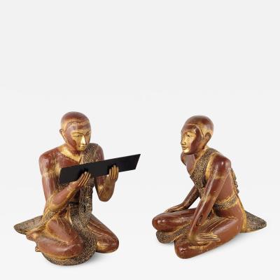 Large Pair of Southeast Asian Lacquered and Gilt Monks 20th century