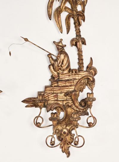 Large Pair of Vintage Carved and Gilt Sconces Probably Italy circa 1950