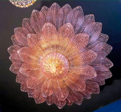 Large Pink Amethyst Murano Glass Leave Ceiling Light or Chandelier