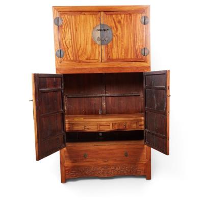Large Qing Dynasty Oak Wood Compound Cabinet With Brass Medallions