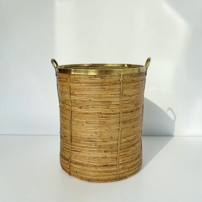 Large Rattan and Brass Basket