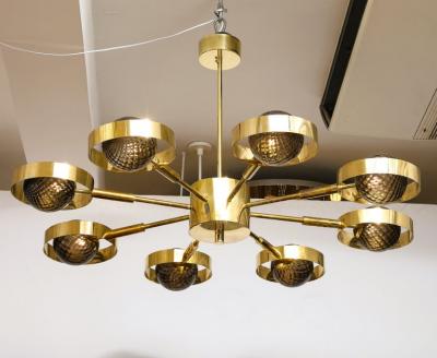 Large Round Brass Chandelier with Bronze Smoked Murano Glass Globes Italy 2025