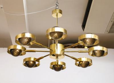 Large Round Brass Chandelier with Bronze Smoked Murano Glass Globes Italy 2025