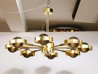 Large Round Brass Chandelier with Bronze Smoked Murano Glass Globes Italy 2025