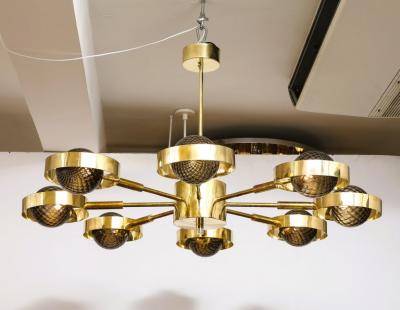 Large Round Brass Chandelier with Bronze Smoked Murano Glass Globes Italy 2025