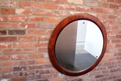 Large Round Italian Modernist Rosewood and Chrome Mirror by Mac Arredamenti