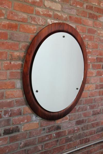 Large Round Italian Modernist Rosewood and Chrome Mirror by Mac Arredamenti