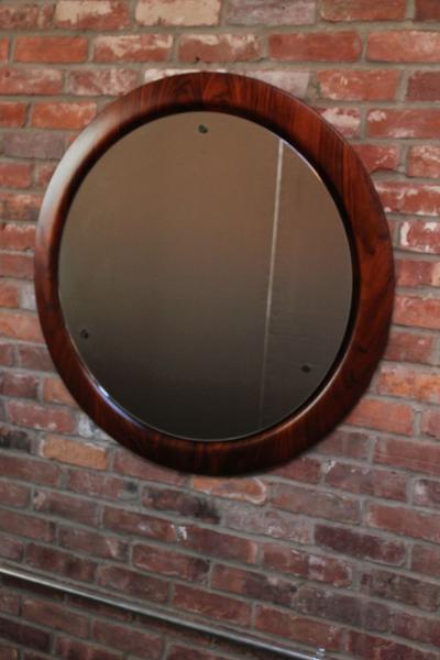 Large Round Italian Modernist Rosewood and Chrome Mirror by Mac Arredamenti