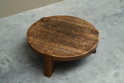 Large Round Wabi Sabi Style Coffee Table in Solid Oak 1960s
