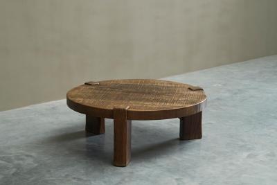Large Round Wabi Sabi Style Coffee Table in Solid Oak 1960s