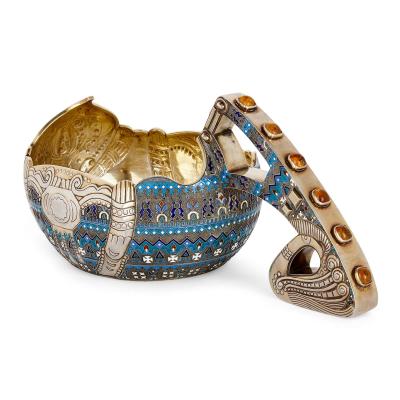 Large Russian silver kovsch with cloisonn enamel decoration