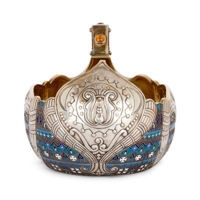 Large Russian silver kovsch with cloisonn enamel decoration