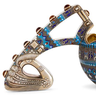 Large Russian silver kovsch with cloisonn enamel decoration