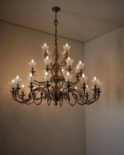 Large Rustic Brass and Glass 28 Arm Chandelier 1980s