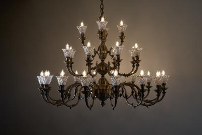 Large Rustic Brass and Glass 28 Arm Chandelier 1980s