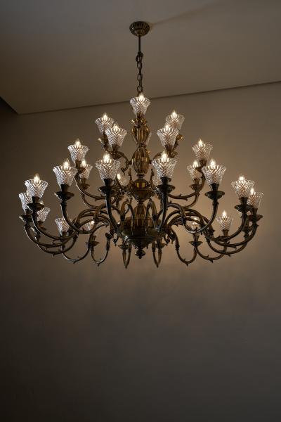 Large Rustic Brass and Glass 28 Arm Chandelier 1980s