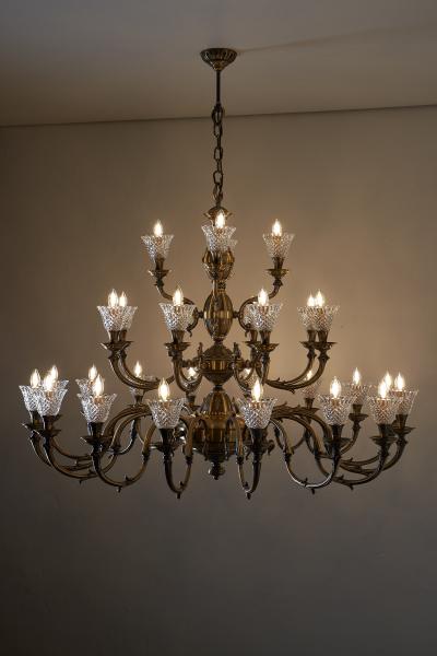 Large Rustic Brass and Glass 28 Arm Chandelier 1980s