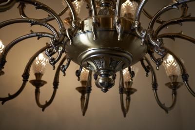 Large Rustic Brass and Glass 28 Arm Chandelier 1980s